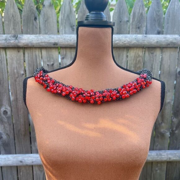 Vintage Braided Chainmail Necklace, Ruby Rhinestones, Heavy Weight Wide Collar - Picture 11 of 11